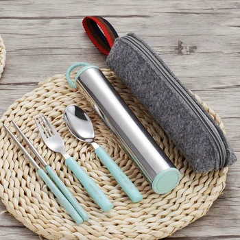 

4/5 Piece Set Eco-friendly Portable Cute Cutlery Box Wheat Straw 304 Stainless Steel Chopsticks Spoon Fork Tube Bag Cutlery Set