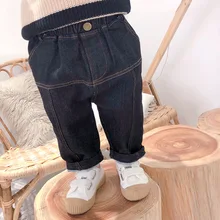 Для мужчин и женщин; для детей; бархатные потертые джинсы в Корейском стиле; мешковатые брюки; детская одежда; 18; сезон осень-зима; эластичные джинсы