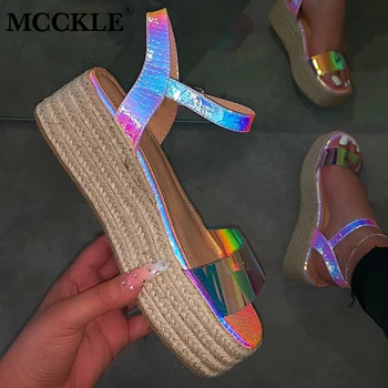 

MCCKLE Women Sandals Buckle Strap Bling Hemp Flat Platform Outdoor Ladies Casual Sandalias Summer Fashion Shoes 2020 Plus Size