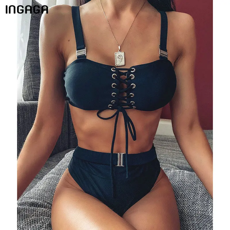 

INGAGA 2020 Lace-up Bikinis Mujer Sexy Push Up Swimwear Women Fashion Belt Swimsuit Female New High Waist Bathers String Biquini