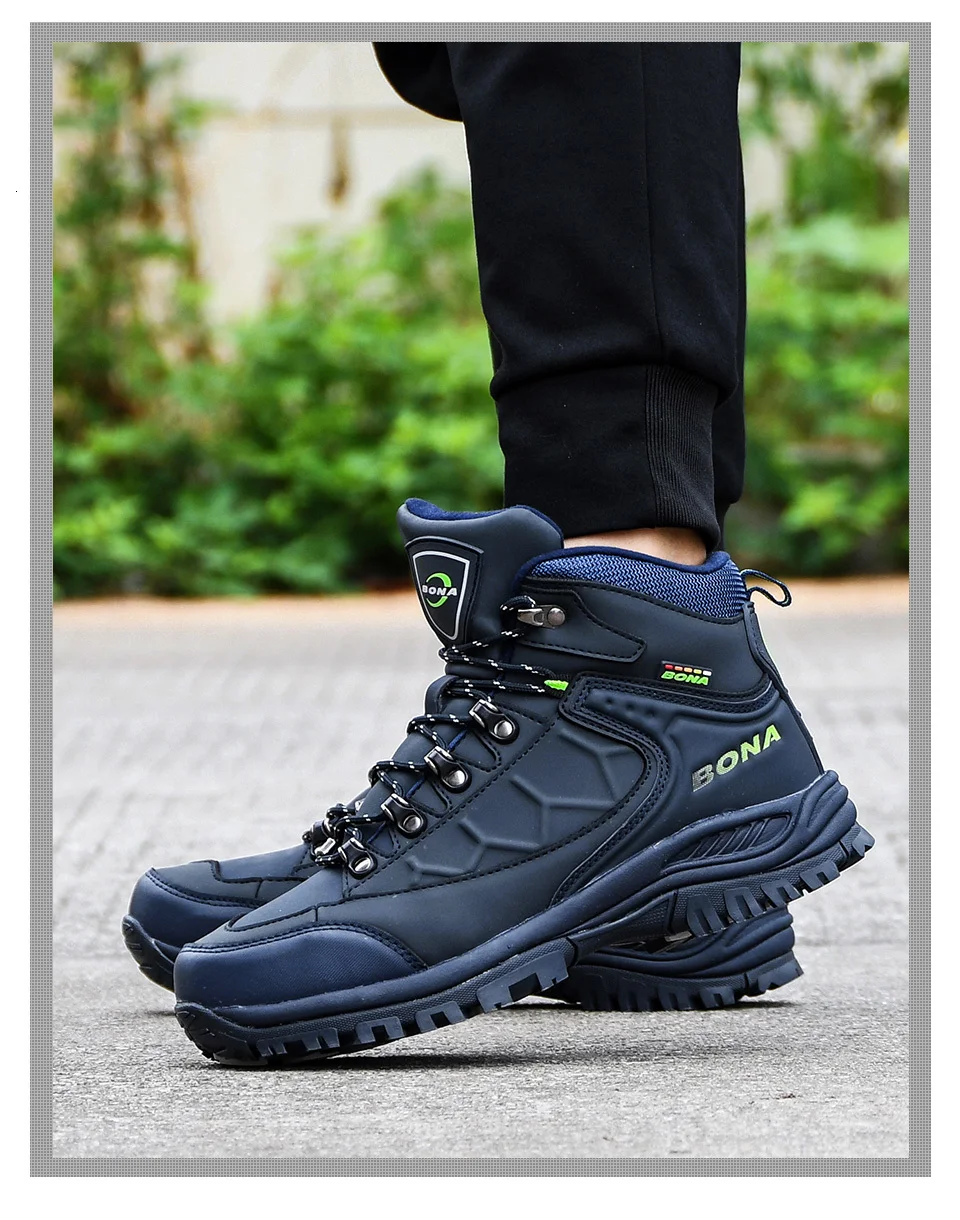 BONA New Leather Hiking Shoes Men Autumn Winter Climbing Boots High Top Trekking Hunting Shoe Trainers Black Waterproof Sports