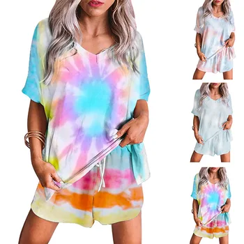 

2020 New Arrival Tie-dye Women Pajamas Set Two Pieces Short Sleeve Tee And Shorts Casual Tracksuit Loose V Neck Lacing Sleepwear