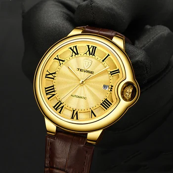 

Unique crown design Gold Case Automatic Mechanical Watch Men Waterproof Leather Men'S Business Calendar Clock erkek kol saati