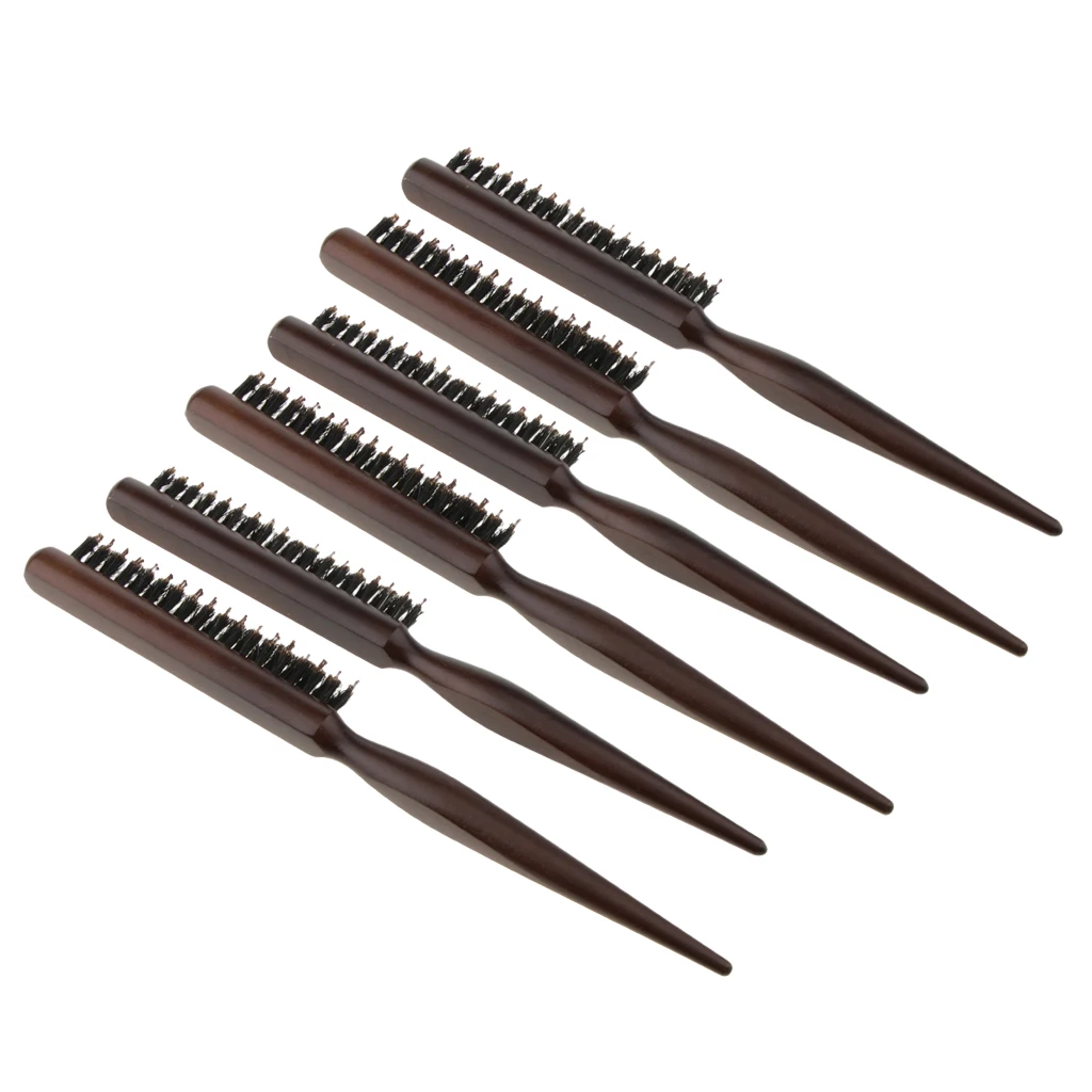 6Pcs 3 Rows Wood Natural Bristle Teasing Comb Brush Back Combing Brush 24cm