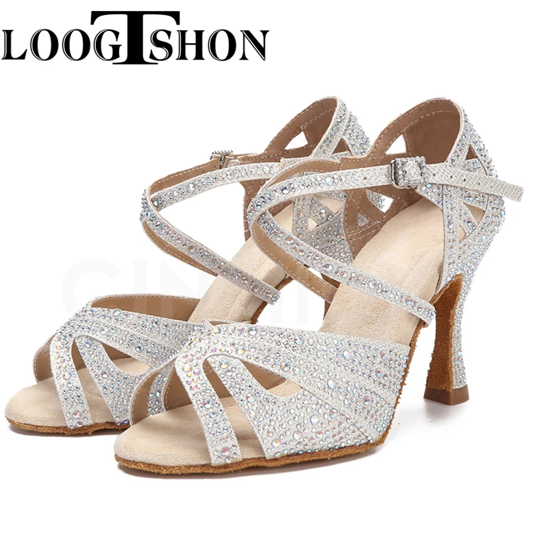 Loogtshon Women Latin Dance Shoes Rhinestones Soft Bottom Salsa Shoes For Dancing Ladies Sandals Women's Wedding Hight Heels 7.5