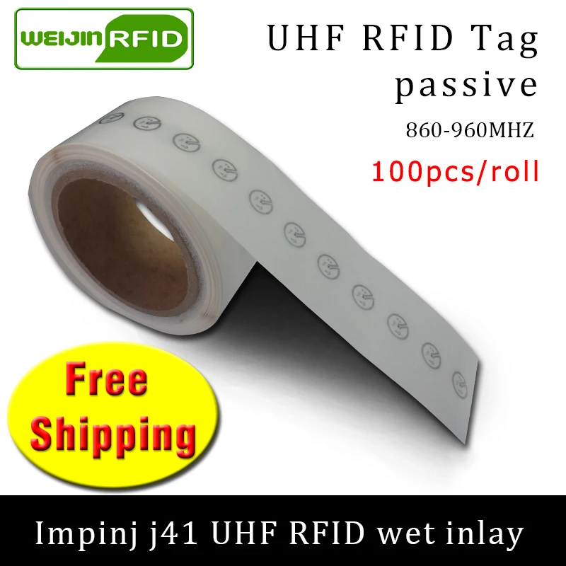 

UHF RFID tag EPC 6C sticker Impinj J41 wet inlay 915mhz868mhz860-960MHZ 100pcs free shipping adhesive passive RFID label