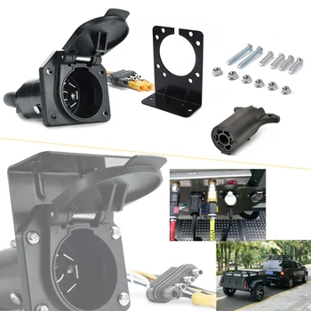 

4-Way Flat to 7 Way Round RV Blade Wiring Adapter Trailer Hitch Plug w/ Bracket