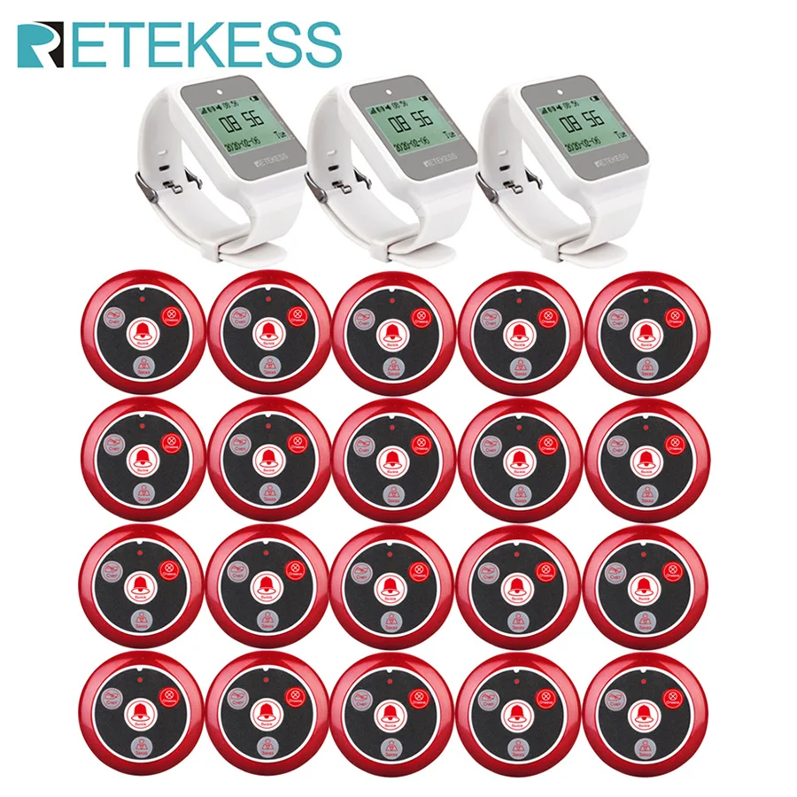 

Retekess Wireless Calling System Restaurant Pager Waiter Call Customer Service 3 TD108 Watch Receiver+20pcs T117 Call Button
