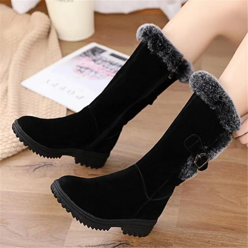 New Winter Fashion Boots Scrub Cowhide Rabbit Fur Women Snow Boots Flat Wedges Non-slip In-tube Boot Women Leather Shoes Boots