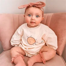 

0-24 Months Baby Girls Boys Romper Spring Autumn Cute Long Sleeve Cartoon Sun Letter Printed Bodysuit Beige