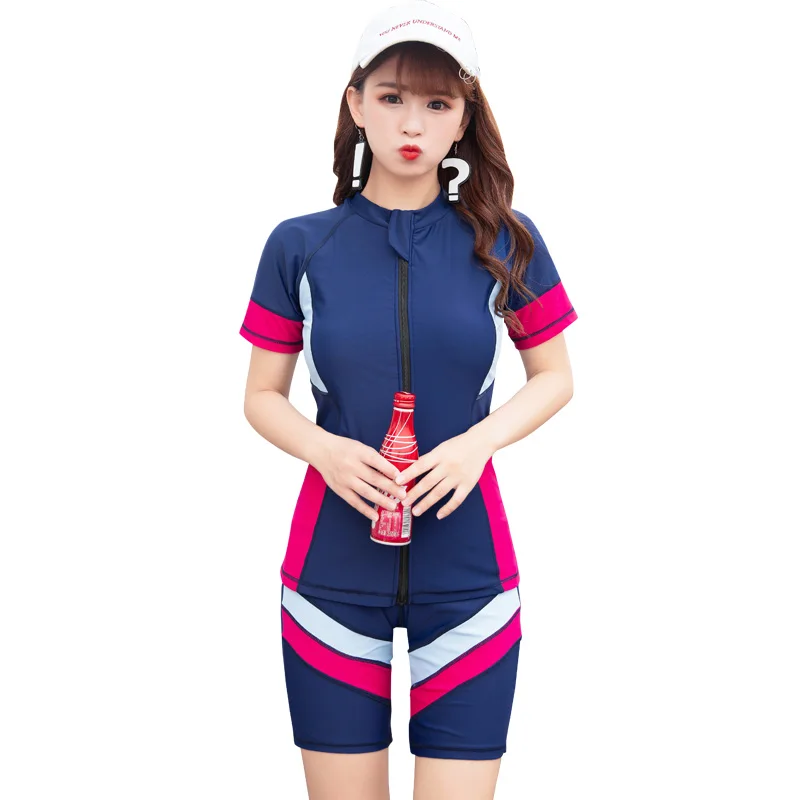 Спортивный купальник женский с коротким рукавом из двух частей лоскутный цвет