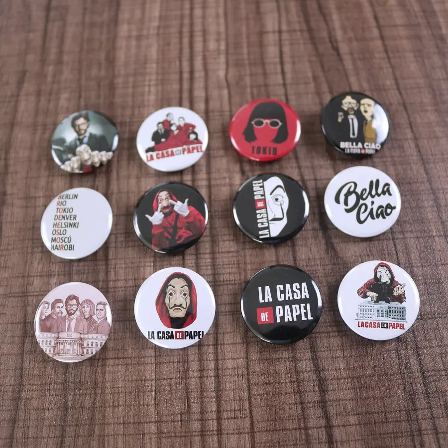 Новинка FREELB 12 шт./компл. 1 дюймов ТВ-шоу La Каса де Papel Pin Pinback пуговичные броши значки Новое поступление модные украшения подарок - Окраска металла: 12pcs