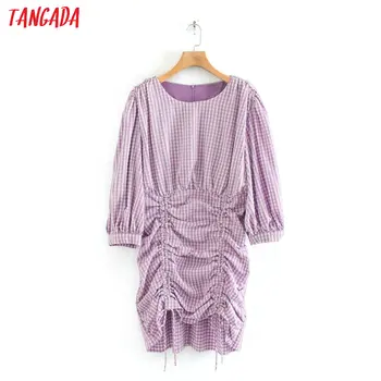 

Tangada fashion women purple plaid print pencil mini dress o neck back zipper ladies vintage dress vestidos 2W01