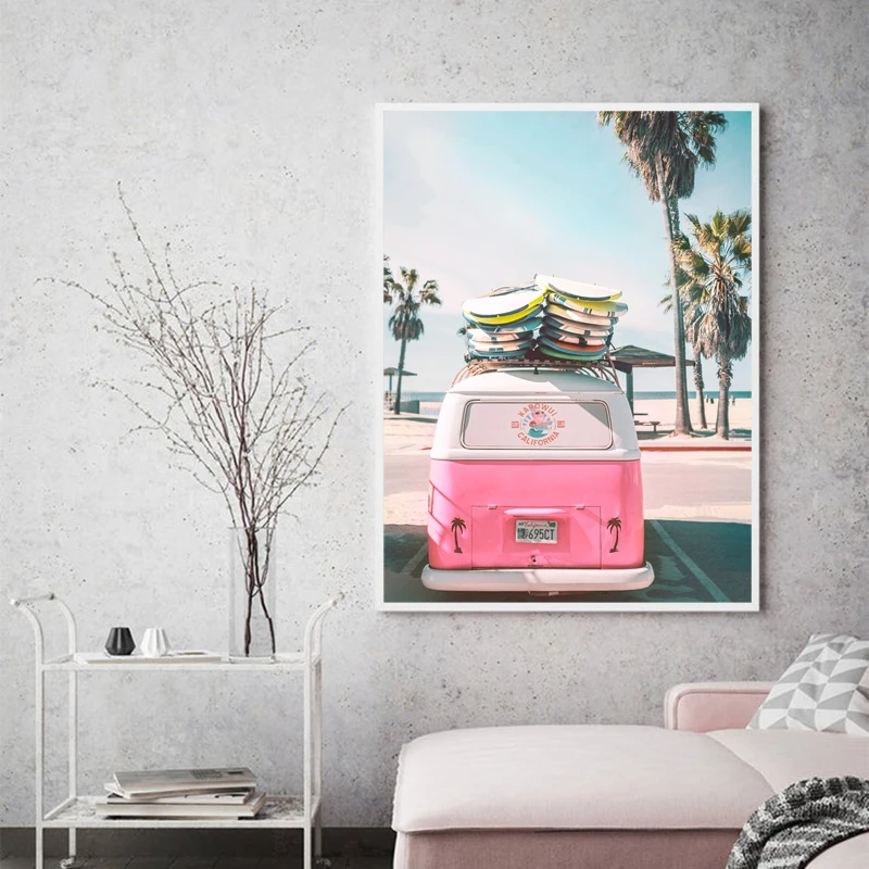 Vintage Coastal Photography Canvas Painting Retro Bus Van Camper Home Decor