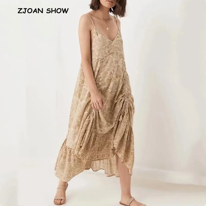 

2019 Floral Print Shirring Stitching pleated Lacing up Stream Women Bohemian Spaghetti Strap Dress V neck BOHO Dresses Holiday