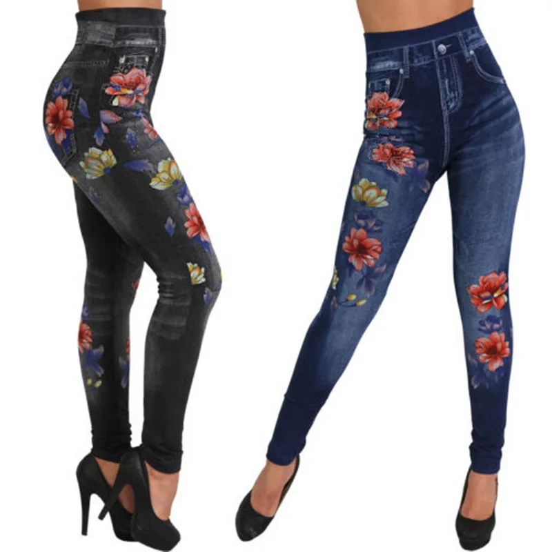 

A Fashion Women Leggings Floral Print Pencil Pants Leggins 2019 3XL Plus Size Casual High Waist Faux Denim Leggings Bottoms