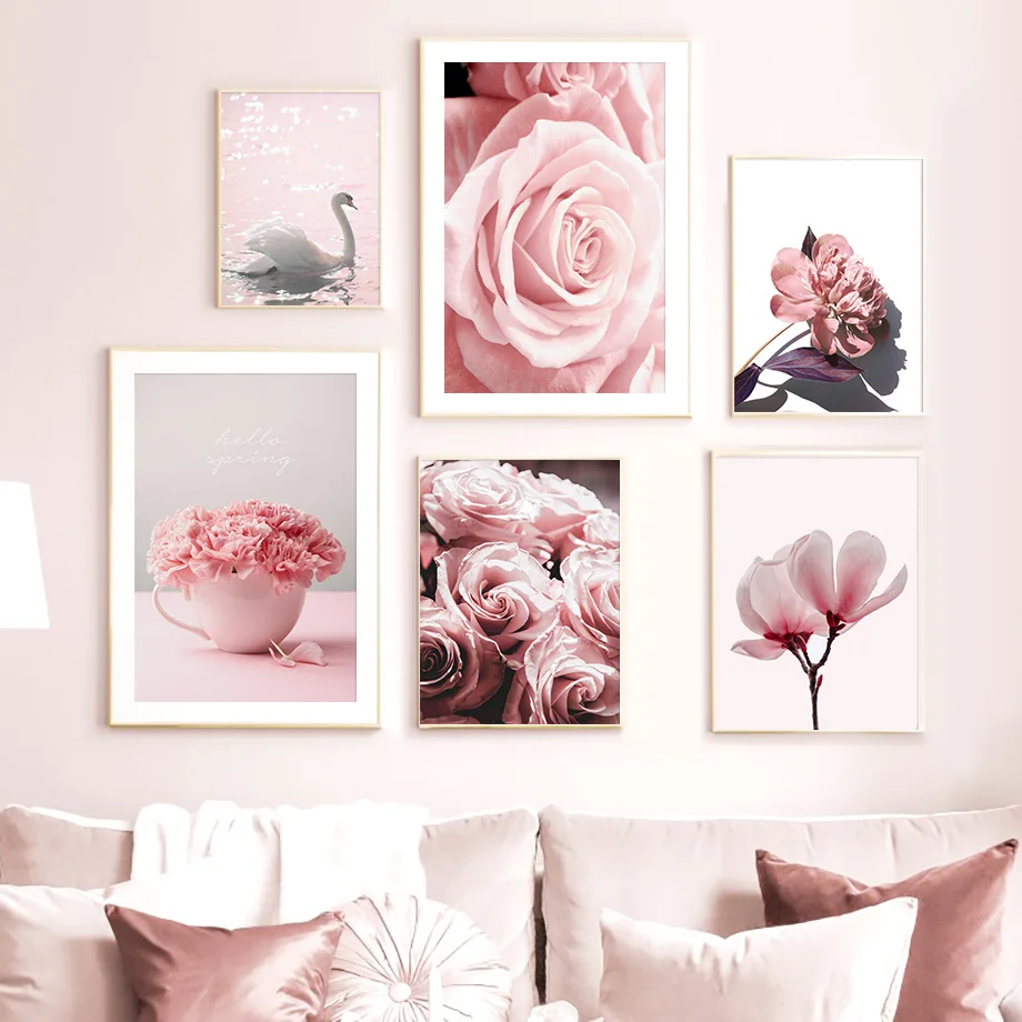 Pink Rose Magnolia Carnation Plant Swan Wall Art Canvas Painting Nordic Posters And Prints Wall Pictures For Living Room Decor