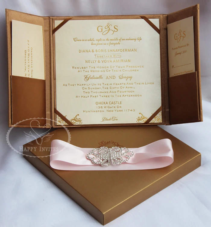 HI2003-58 Custom Brown Silk Wedding Invitation with Gold Foling & Pink Ribbon & Silver Buckle & Brown Paper Box More Colors Optional Factory Price