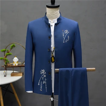 

Fashion Chinese Style Men Suit Black Khaki Navy Blue Slim Fit Men Suit Jacket and Pant Asian Size XXL 4XL Men Suit Two-piece Set