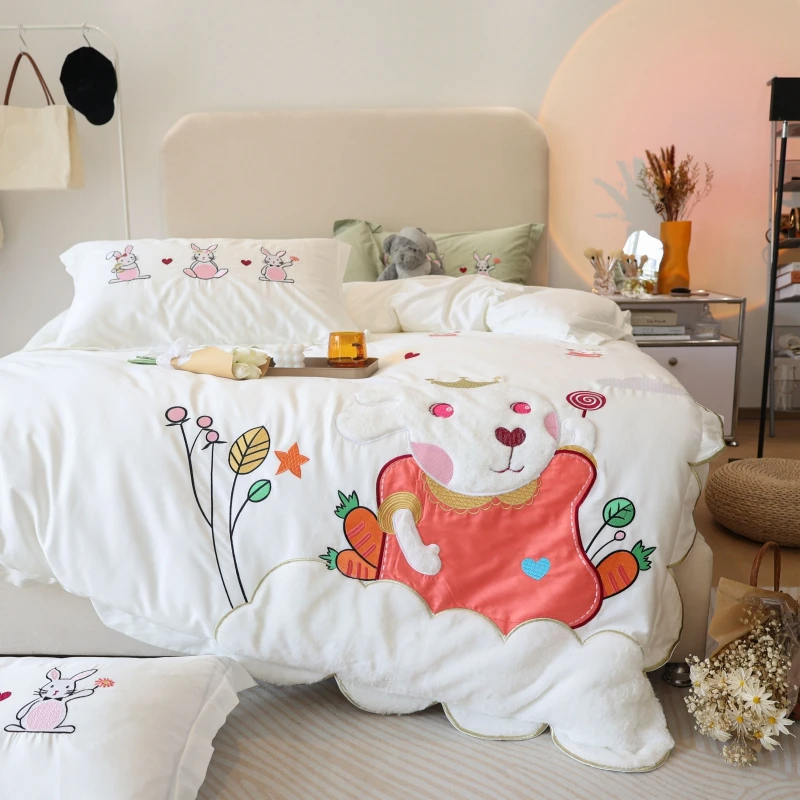 Juego de ropa de cama de egipcio para niña, edredón bordado de conejo de dibujos animados, color blanco, doble funda edredón, fundas almohada de lino para cama|Juegos de
