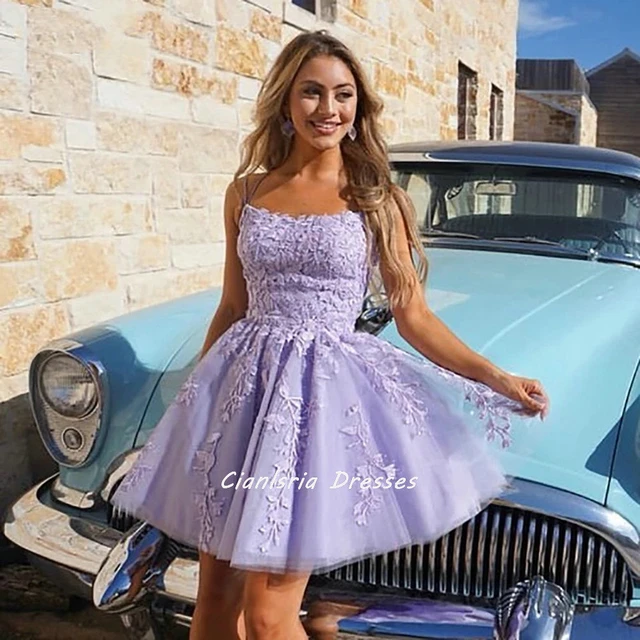 Vestido Corto Lila Con Tirantes Finos Para De Graduación, Minivestido De Fiesta Con Apliques De Encaje Sin Mangas Para Cóctel Y Graduación - Vestidos De Fiesta - AliExpress