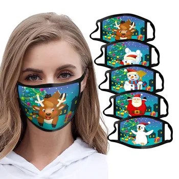 

5pc Christmas Print Mouth Face Mask Windproof Anti-spitting Protective Washable Mask Breathable Earloops Thickened Mascarilla