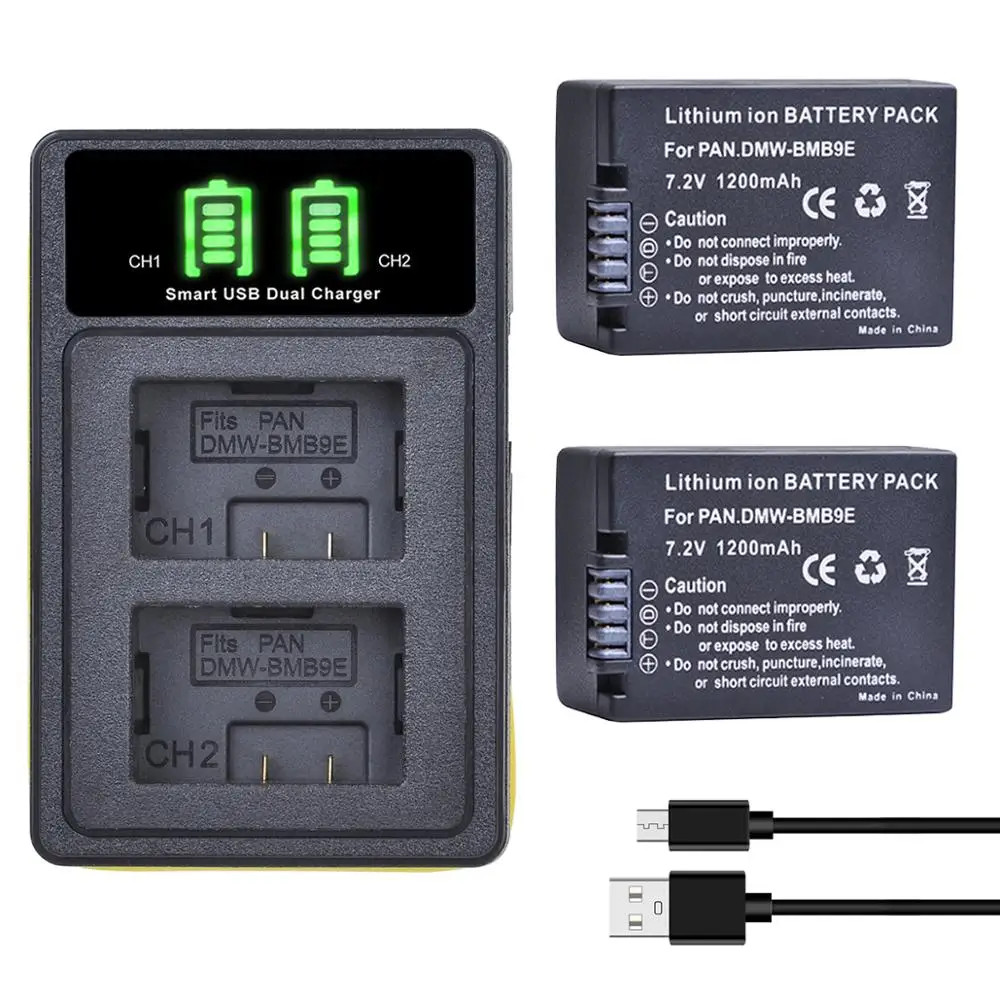 1200Mah Dmw-Bmb9 Bmb9E Bmb9Pp Batteria + Caricatore Doppio Led Per Panasonic Lumix Dc-Fz80 Fz40K Fz45K Fz47K Z48K Fz60 Fz70 Fz100 Fz150