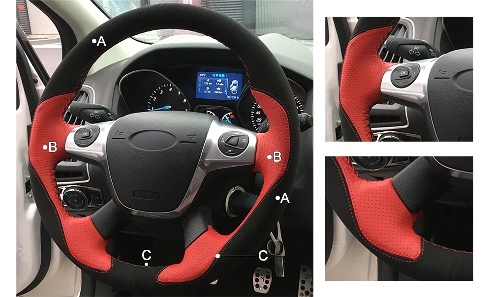 Black Suede Red Leather Anti-slip Car Steering Wheel Cover for Ford Focus 3 2012- KUGA Escape 2013