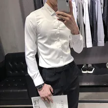 Высококачественная Мужская белая рубашка с длинным рукавом, черная Повседневная рубашка, мужская приталенная деловая формальная Роскошная рубашка-смокинг, весенняя