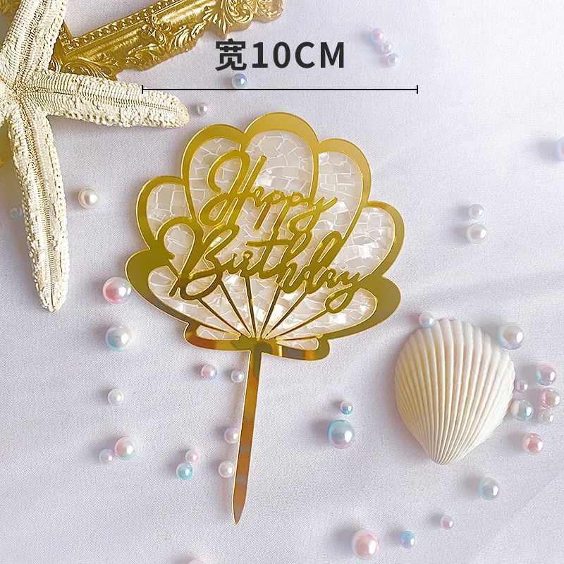 Ocean Theme Acrylic Happy Birthday Cake Topper Gold Shell Birthday Cupcake Toppers Flags Baby Party Cake Decoration