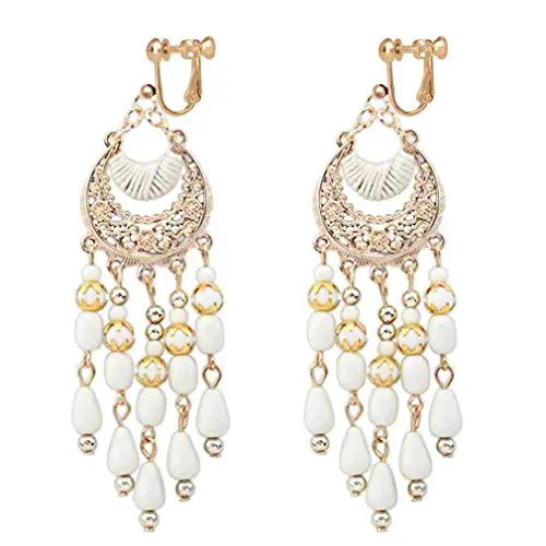 GRACE JUN Handmade Fashion Tassel Clip on Earrings Women's Statement Bohemian Ethic Bead Gold Color No Pierced Vintage Ear Clip ear clip earrings clip earrings ear clip ear accessories