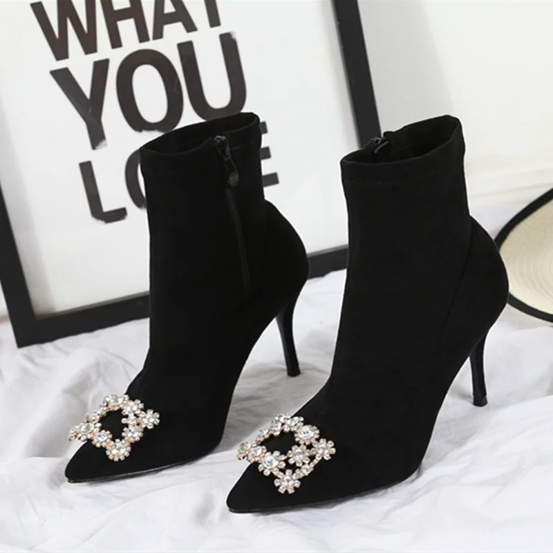 Scarpe donna/женские ботинки с металлическими украшениями; Botines Mujer; носки с цветочным узором; обувь на молнии; Botas; острый носок; chaussures femme; со стразами - Цвет: AS SHOW