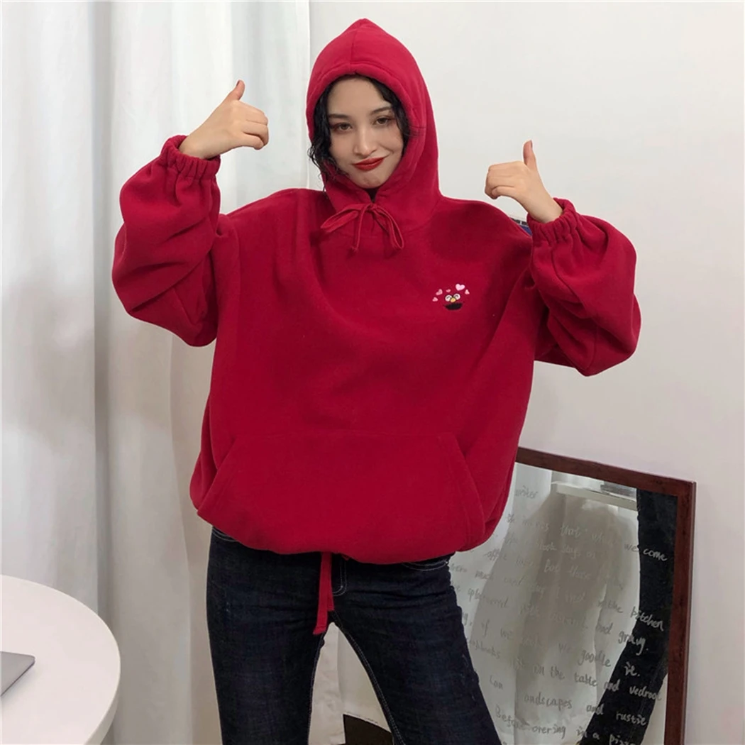 Embroidered Cartoon Hoodies Women Trendy Pockets Loose Sweetshirt Womens Cute Long Sleeve All-Match Lovely Streetwear Female - Цвет: Chestnut Red