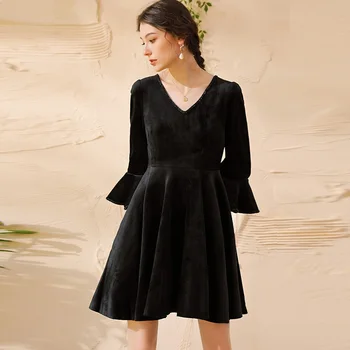 

Ladies Elegant winter gold velvet ball gown dress V neck flare sleeve empire black dress free shipping new arrival plus size 5XL