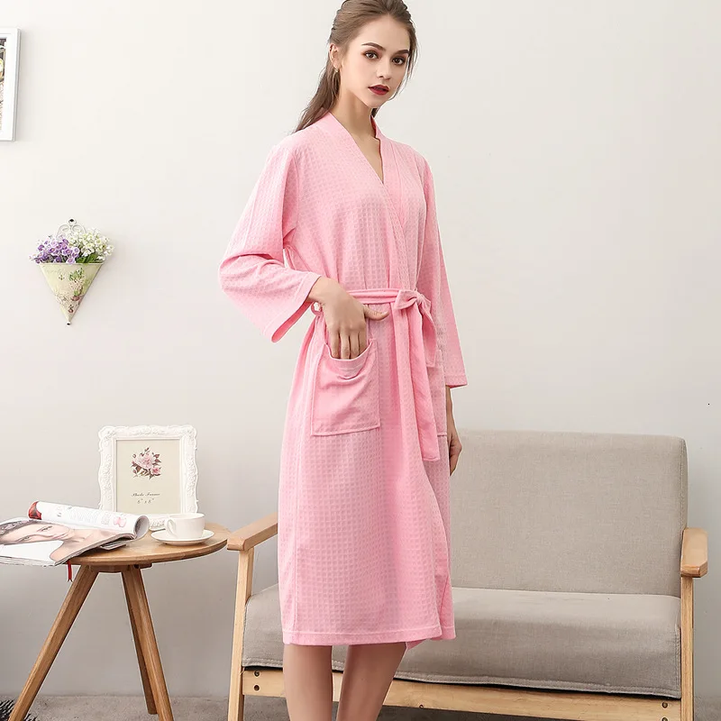 Вафельный длинный абзац халат seven-point рукав халат мужской и женский большой размер пижамы пара летний Халат домашний сервис