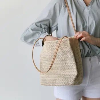 

Women Straw Beach Bags Linen Woven Bucket Bag Grass Casual Tote Handbags Knitting Rattan Bags Durable Shoulder bag Dropshipping