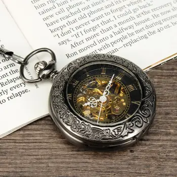 

Antique Black Mechanical Skeleton Pocket Watch Wind Up Steampunk Pendant Chain