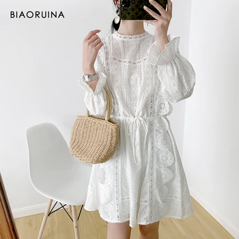 

BIAORUINA Women's White Hollow Out Embroidery Lace Retro A-line Dress Female O-neck Chic High Waist Elegant Dress Vestido