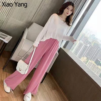 

Student Version Long Trouses Loose Casual Wide Leg Pants Female Was Thin Pink Straight Pants Summer Holiday High Waist Sets Z9