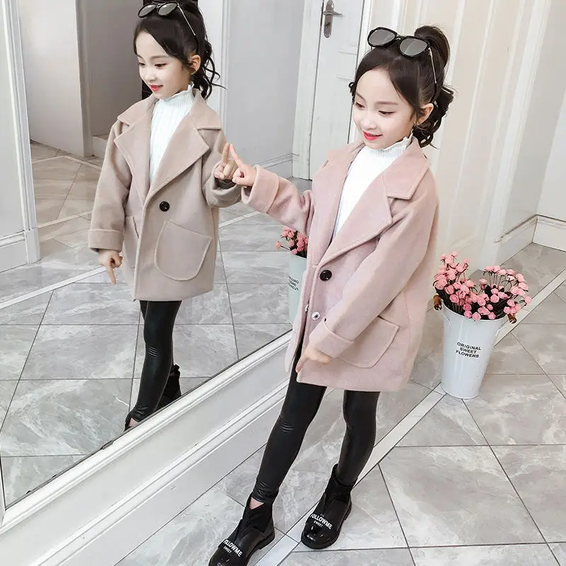 Girls autumn new autumn dress woolen coat girls long-sleeved clothes in the big children's long trendy coat