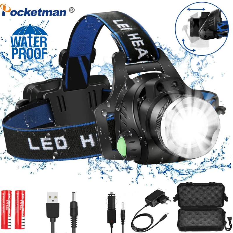 Powerful LED Headlamp 6000lumens Headlamps L2/T6 Zoomable Headlight Head Torch Flashlight Head Lamp By 18650 Battery For Fishing