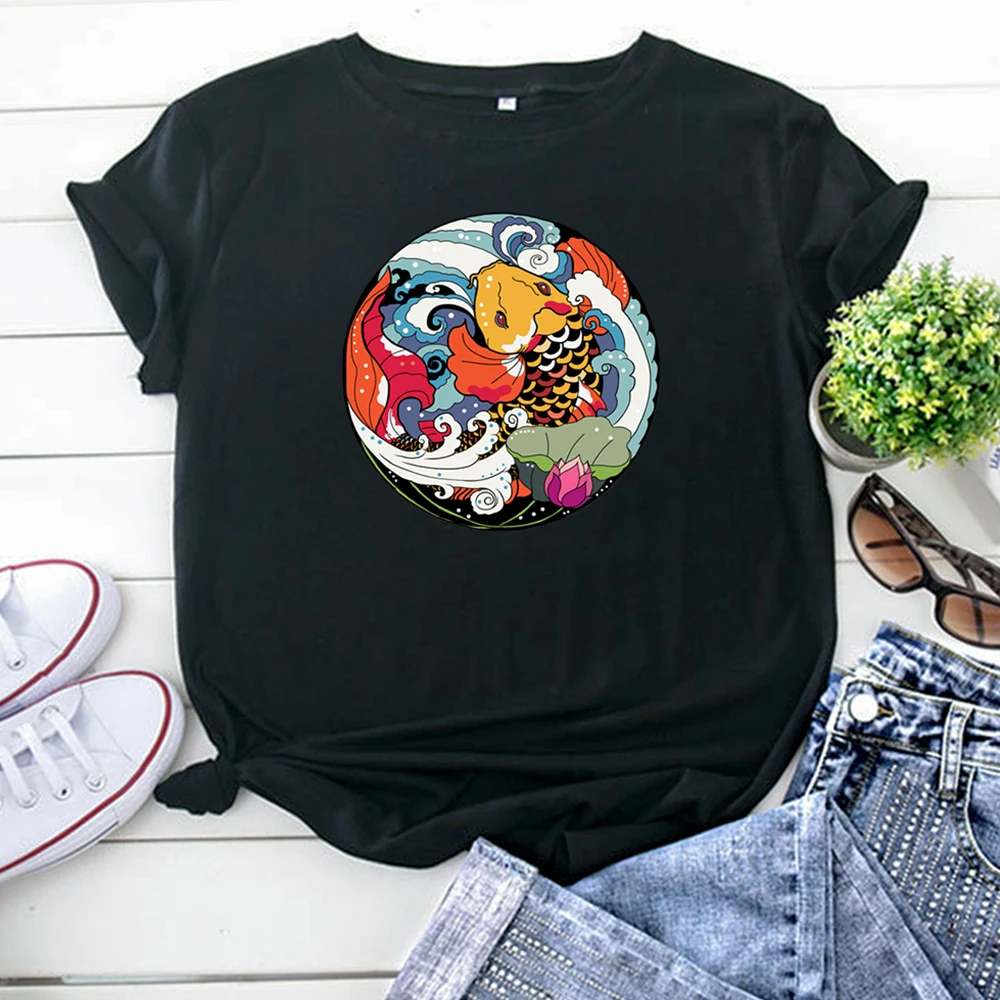 Women T Shirt Cartoon Carp Spit Water Lotus Printing Woman Tshirts Goth Vintage Clothing Oversized Korean T Shirts For Women
