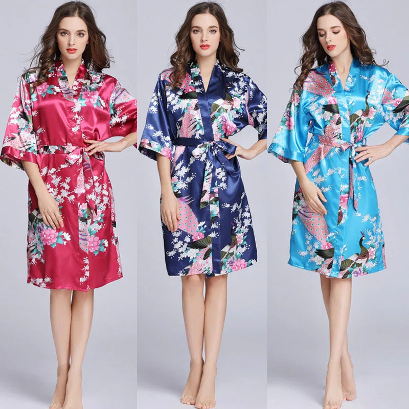 Women´s Satin Robe Kimono Dress Summer Sexy Gown Half Sleeve Floral Print Sleepwear Mini Night Dress Bathrobe