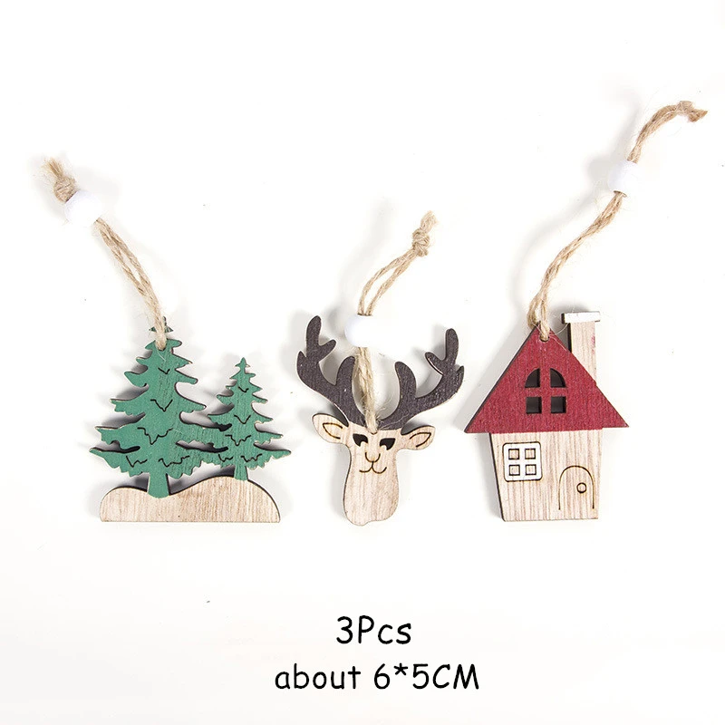 3Pcs tree elk house Новогодняя натуральная Деревянная Рождественская елка орнамент деревянный кулон Рождественский подарок натальные Ноэль рождественские украшения для дома Декор - Цвет: 3Pcs tree elk house