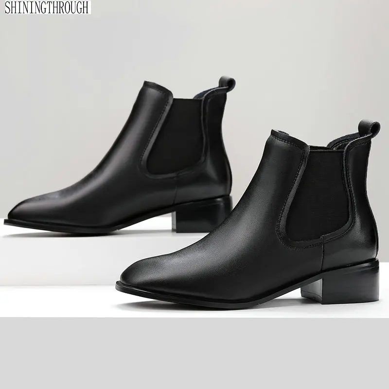

2019 med heels Boots Women Genuine Leather Ankle Boots Thick Heels Autumn Winter Ladies Shoes Woman Boots size 41 42 43