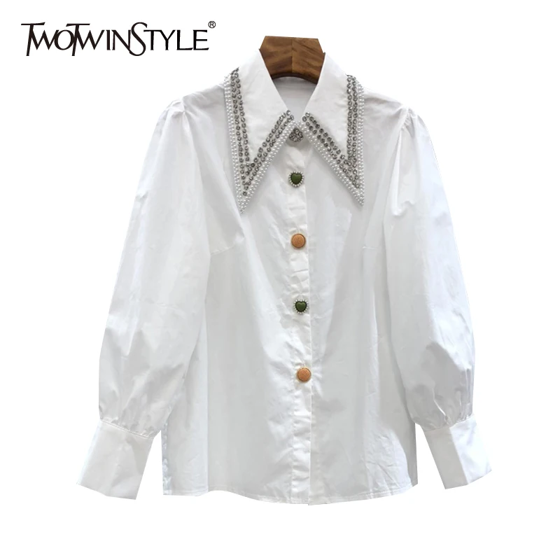 

TWOTWINSTYLE Casual Patchwork Diamond Shirt For Women Lapel Long Sleeve White Elegant Shirts Female Fashion New Clothing 2022