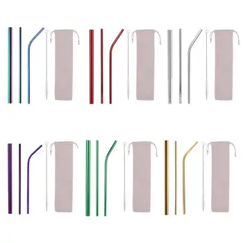 

5Pcs Bubble Tea 304 Stainless Steel Straw Reusable Drinking Straws Set Curved Metal Straws Bag For Smoothies Juice Tea