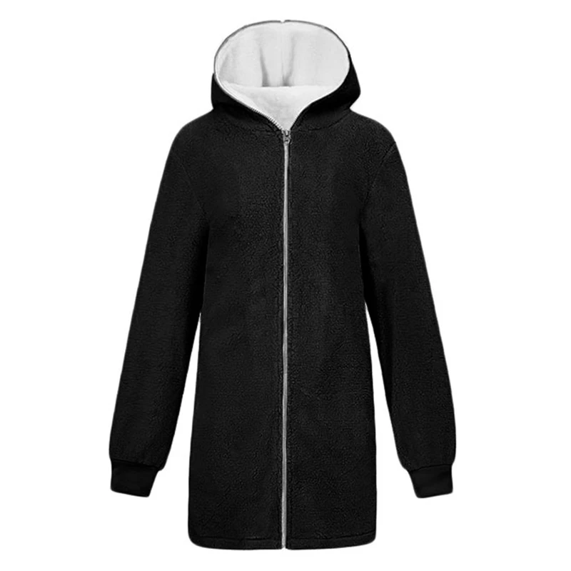 Черный 4XL 5XL Женская куртка с капюшоном большого размера из искусственного бархата с длинным рукавом на молнии с карманами размера плюс зимнее повседневное пальто Верхняя одежда - Цвет: Черный