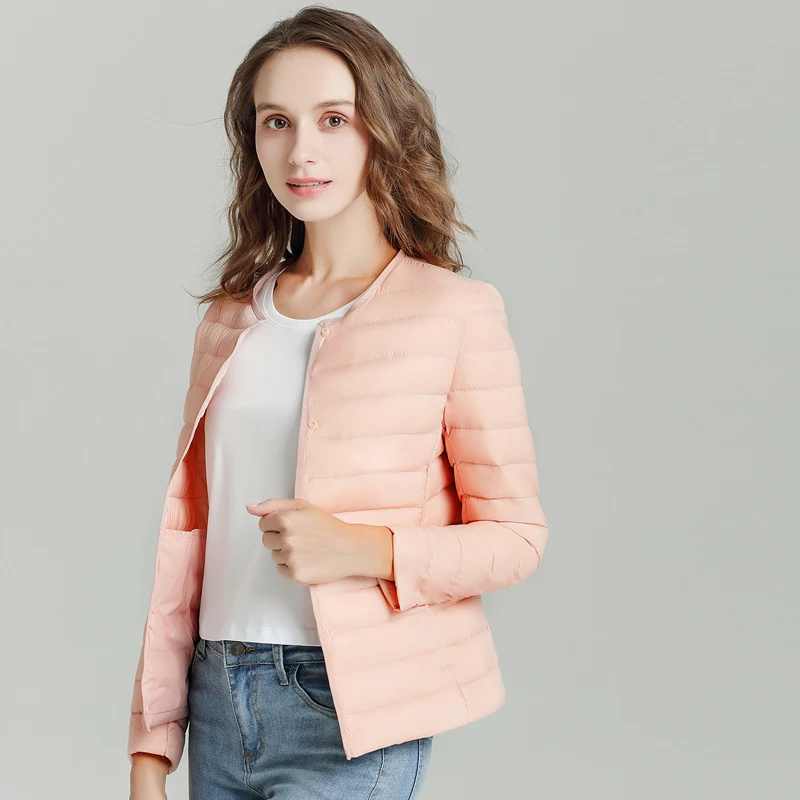 Koop Vrouwen Ultra Licht Donsjack Ronde Kraag Jassen Lange Mouw Knop Warme Jas Parka Lichtgewicht Jas