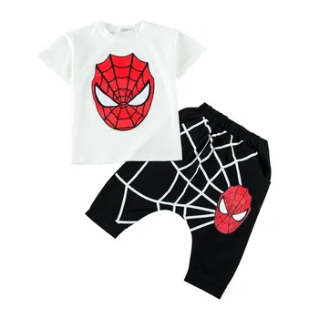 

New boy summer short-sleeved spider-man shiny suit boy cartoon short-sleeved T-shirt + shorts cotton casual two-piece suit